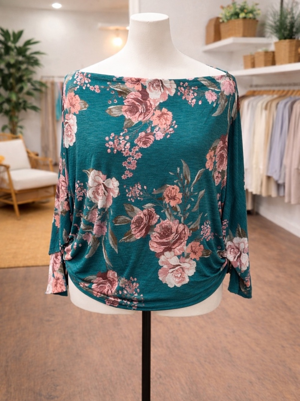 White Birch XL Teal Floral Dolman Sleeve Top Boat Neck Flowy Blouse NWOT